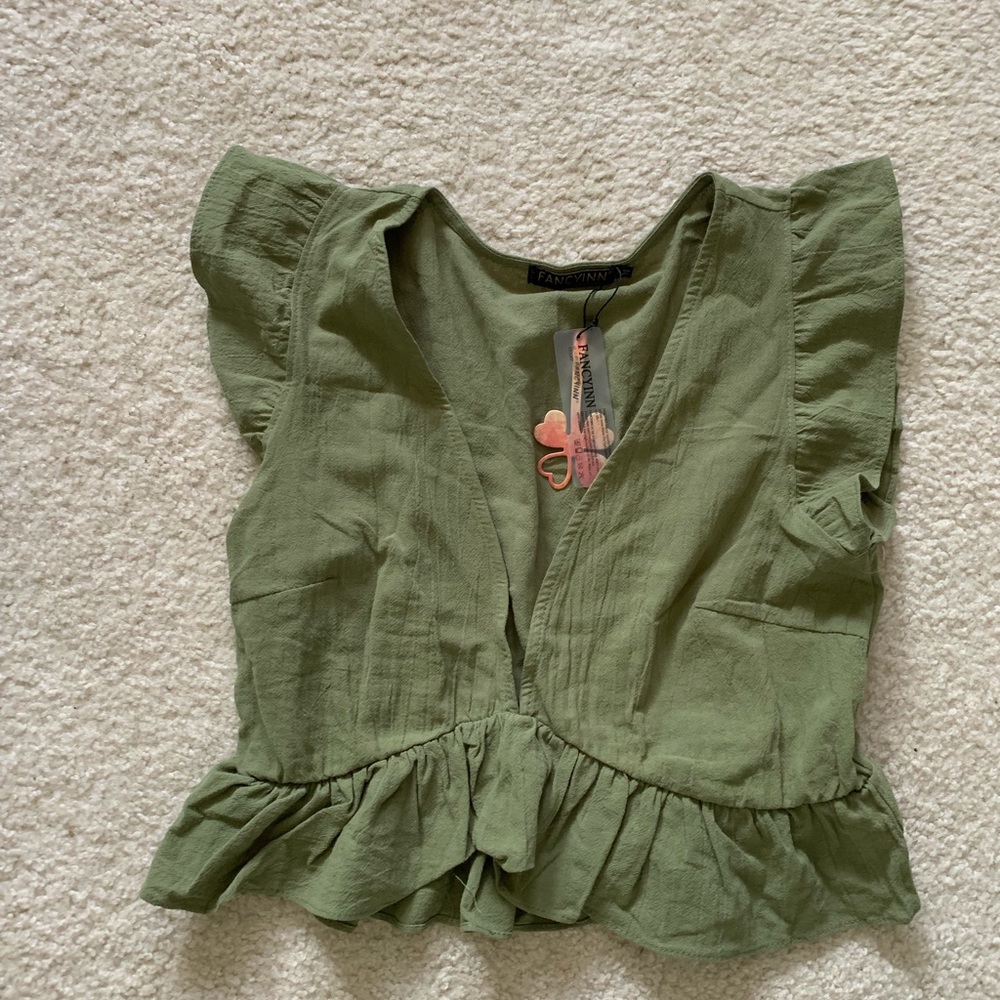 Olive Green Ruffled Crop Top - Picture 3 of 3
